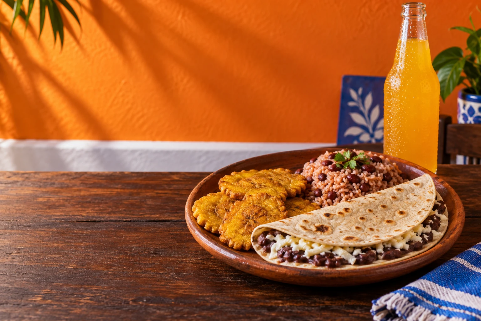 Illustrative still life of a baleada, fried plantains, rice and beans on dark wood; not a photograph of Gloria Honduras Restaurant.